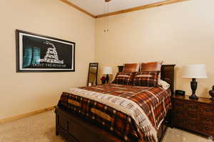 Bedroom featuring carpet and ornamental molding