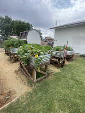 View of green lawn featuring a vegetable garden