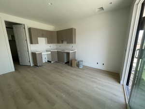 Kitchen with light wood-style flooring and baseboards