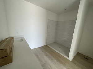 Bathroom featuring wood finished floors and a tile shower