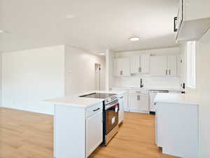 Kitchen with stainless steel appliances, light wood-style flooring, white cabinetry, and a kitchen island