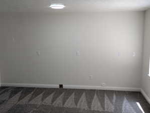 Carpeted spare room with a textured ceiling and baseboards