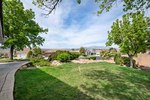 View of green lawn with a residential view