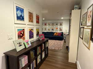 Hall featuring dark wood-style flooring and recessed lighting