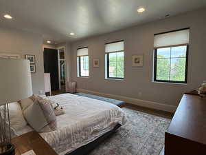 Bedroom featuring wood finished floors, recessed lighting, and a walk in closet
