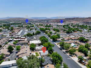 Aerial perspective of suburban area featuring mountains