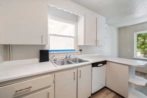 Kitchen featuring light countertops, white cabinets, white dishwasher, and light wood-style floors