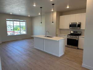 Kitchen featuring appliances with stainless steel finishes, light wood-style flooring, decorative backsplash, light countertops, and white cabinetry