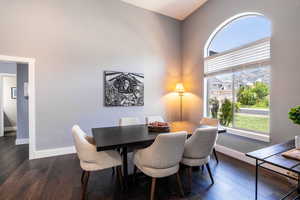 Dining area featuring dark wood-type flooring