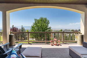 View of patio featuring a mountain view