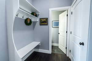 Mudroom with dark wood-type flooring and baseboards