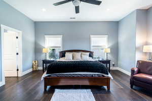 Bedroom featuring multiple windows, wood finished floors, recessed lighting, and ceiling fan