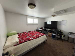 Carpeted bedroom featuring a textured ceiling