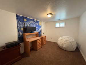 Carpeted home office featuring a textured ceiling and baseboards