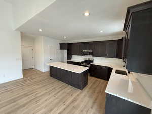Kitchen with appliances with stainless steel finishes, light wood finished floors, a center island, dark brown cabinetry, and light countertops
