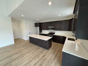 Kitchen featuring stainless steel appliances, light wood-style floors, a center island, dark brown cabinetry, and light countertops