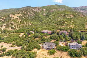 Drone / aerial view of a mountainous background