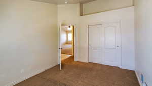 Unfurnished bedroom featuring carpet floors and a closet