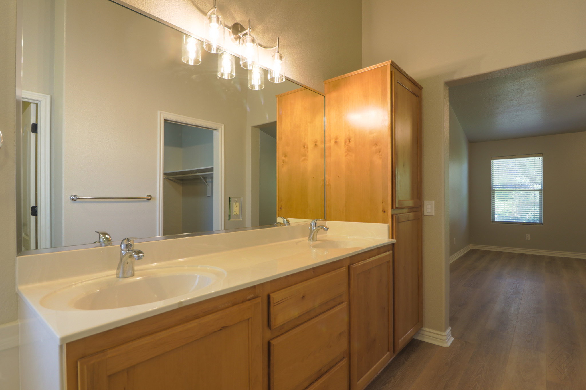 Full bath with double vanity, dark wood finished floors, and a walk in closet