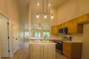 Kitchen featuring stainless steel appliances, a center island, a high ceiling, light wood-style flooring, and a ceiling fan