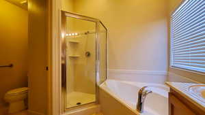 Full bath with a shower stall, a garden tub, and vanity
