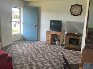 Carpeted living room featuring a textured ceiling and a fireplace