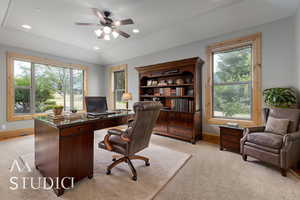 Office with ceiling fan, light colored carpet, recessed lighting, and vaulted ceiling