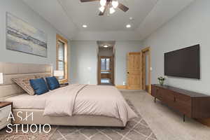 Bedroom with carpet flooring, recessed lighting, and a ceiling fan