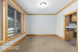 Empty room featuring crown molding and carpet
