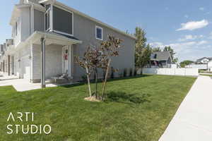 View of front of home featuring brick siding, an attached garage, a residential view, and concrete driveway