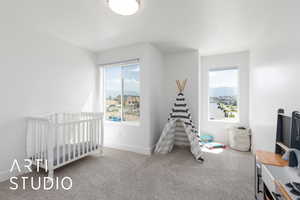 Bedroom featuring carpet and a nursery area