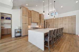 Kitchen with modern cabinets, light wood-type flooring, high vaulted ceiling, light countertops, and a large island with sink