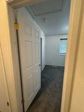 Corridor with dark colored carpet