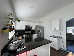 Kitchen with lofted ceiling, a textured ceiling, dark countertops, a peninsula, and stainless steel appliances