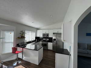 Kitchen featuring dark countertops, a peninsula, arched walkways, appliances with stainless steel finishes, and lofted ceiling