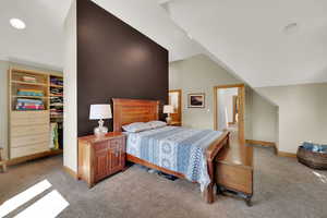 Bedroom featuring a spacious closet, light colored carpet, and vaulted ceiling