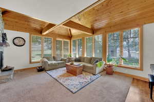 Living area featuring a stone fireplace and carpet