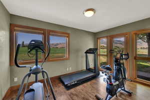 Workout area featuring wood finished floors and baseboards
