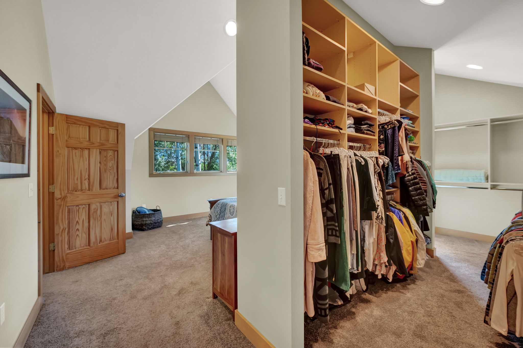 Walk in closet with carpet and lofted ceiling