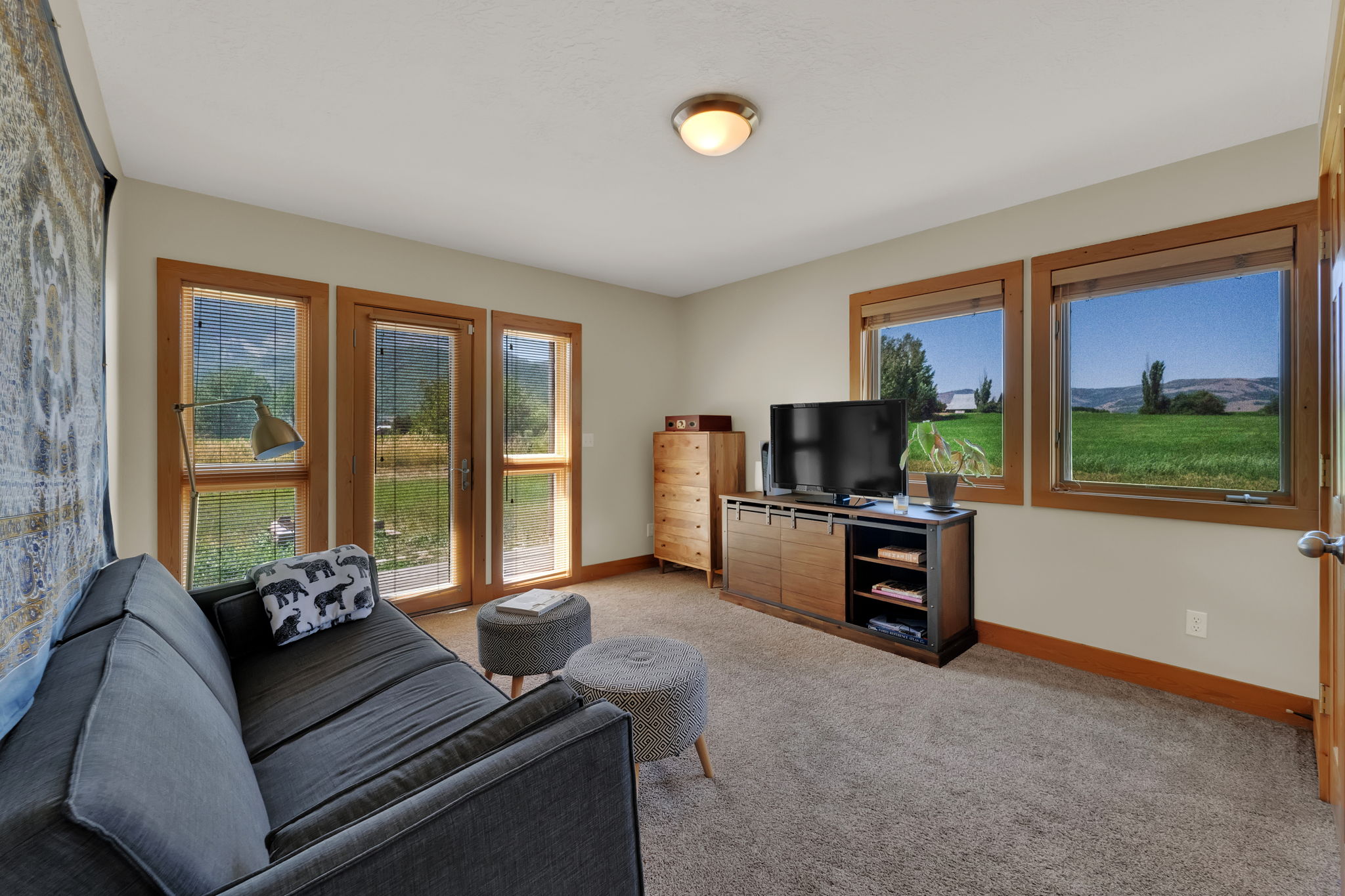 Living area with baseboards and light colored carpet