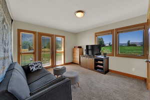 Living area with baseboards and light colored carpet