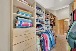 Walk in closet featuring light carpet