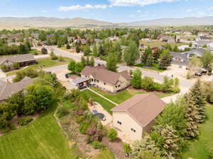 Aerial view of residential area with a mountain backdrop