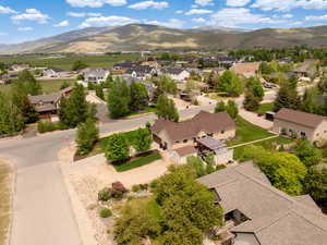 Aerial view of residential area with a mountain backdrop