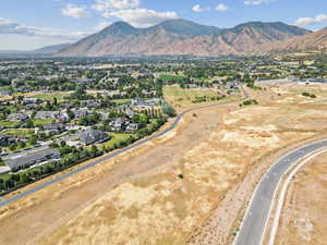 Aerial perspective of suburban area featuring a mountainous background