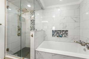 Primary Bath - rain showerhead, soaking tub, glass shower enclosure