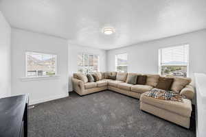 Carpeted living area with a textured ceiling