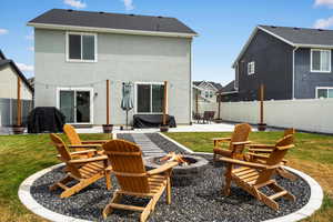 Back of house with an outdoor fire pit, stucco siding, a patio, and a fenced backyard