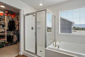 Bathroom featuring a garden tub, healthy amount of natural light, a stall shower, a walk in closet, and recessed lighting