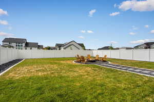 Fenced backyard with an outdoor fire pit and a residential view